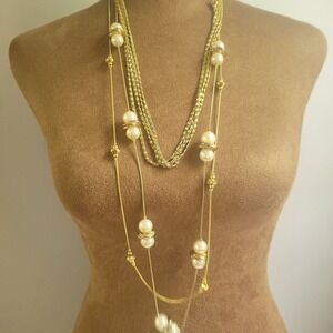 Vintage Gold Tone 3 Layered Faux Pearl Necklaces  Old Money